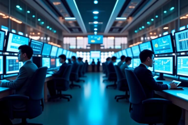 A modern, bustling financial trading floor.