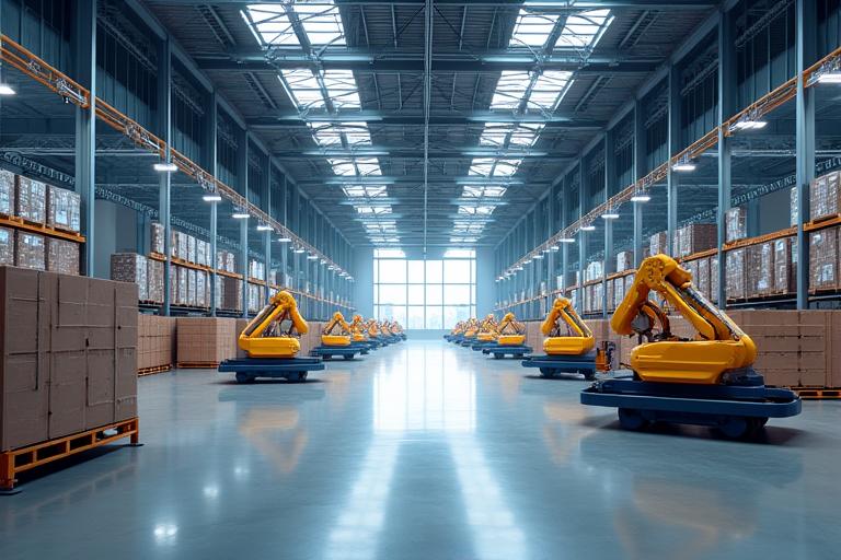 A large, modern logistics warehouse with automated systems.