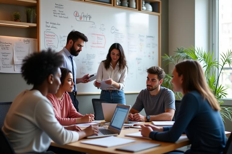 A diverse team of professionals collaborating in a modern office.
